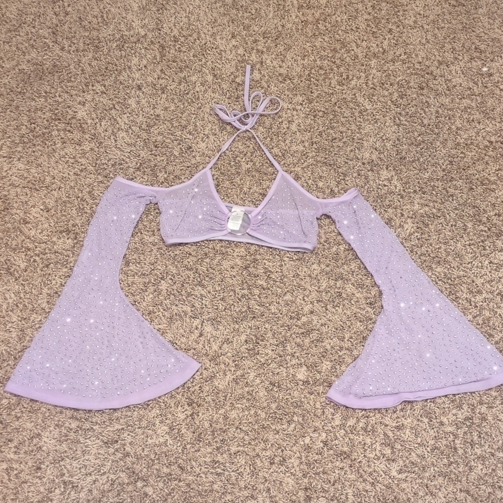 Women's lavender halter mesh rhinestone studded off shoulder bralette crop top